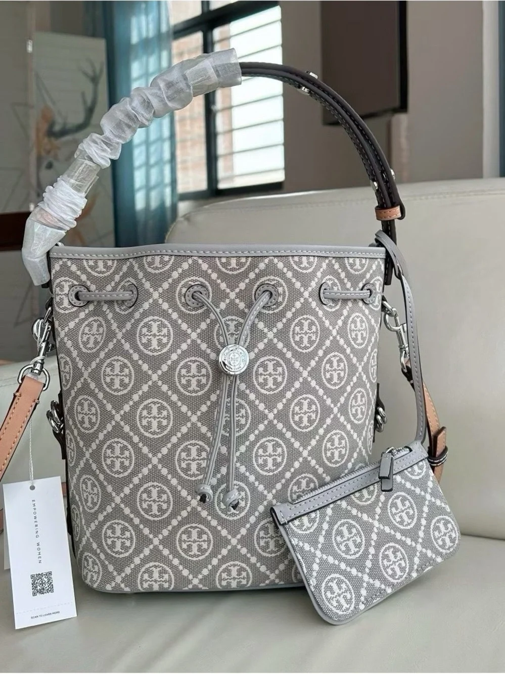 Tory Burch Light Gray Logo Drawstring Hobo Bag